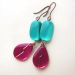 Teal And Plum Earrings In Copper - Colorful 80s..