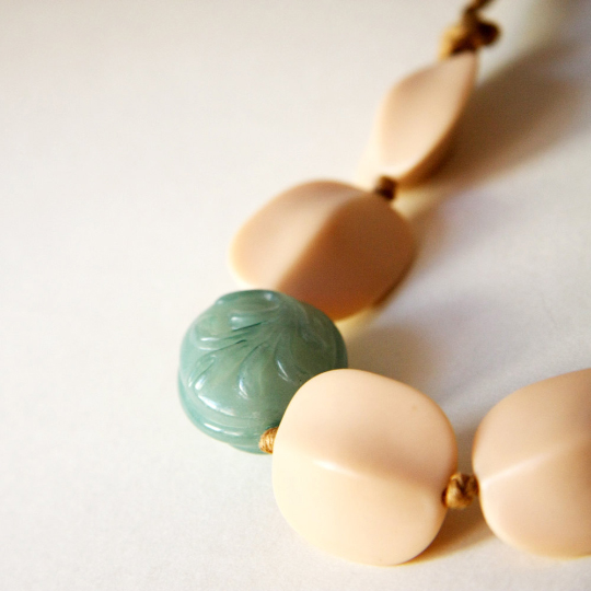 Peach And Jade Vintage Lucine Necklace - Pink Peach And Green Jade Beads With Beige Waxed Cotton