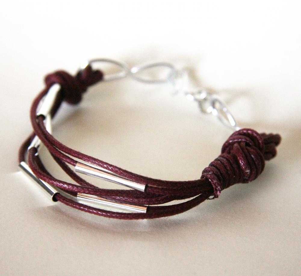 For Him - Metal And Waxed Cotton - Burgundy Wine And Silver- Men And Unisex Bracelet -