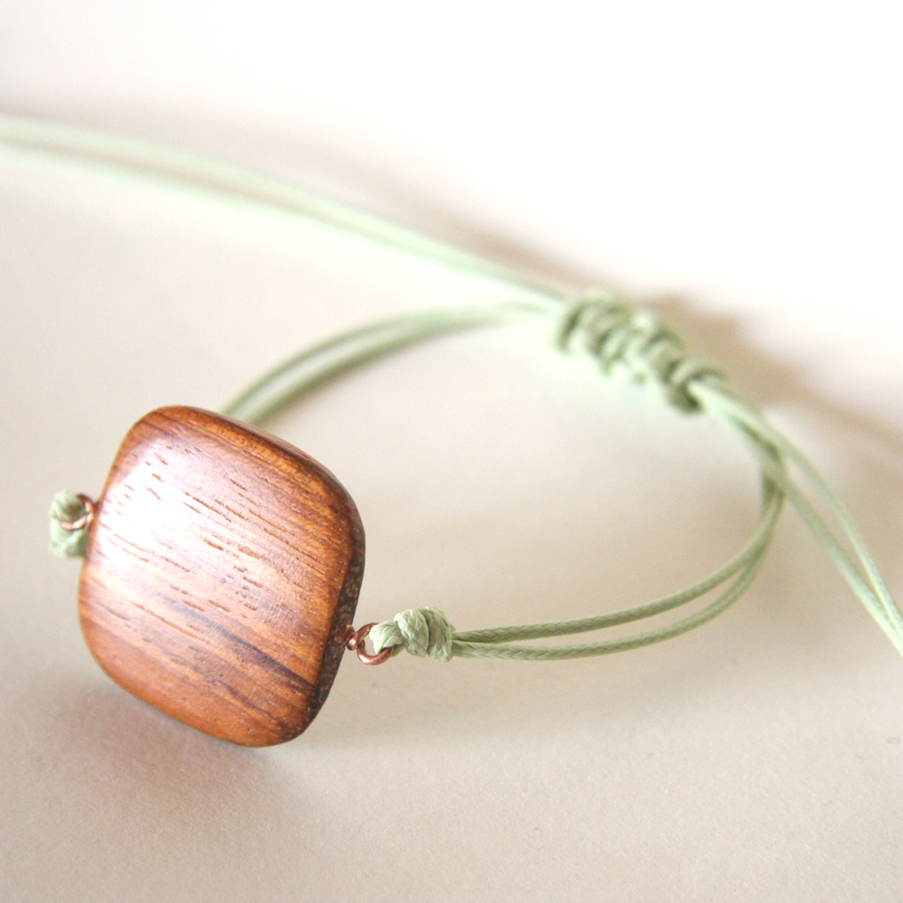 For Him - Rustic Bracelet Wooden Andl Light Green Waxed Cotton - Men And Unisex Bracelet