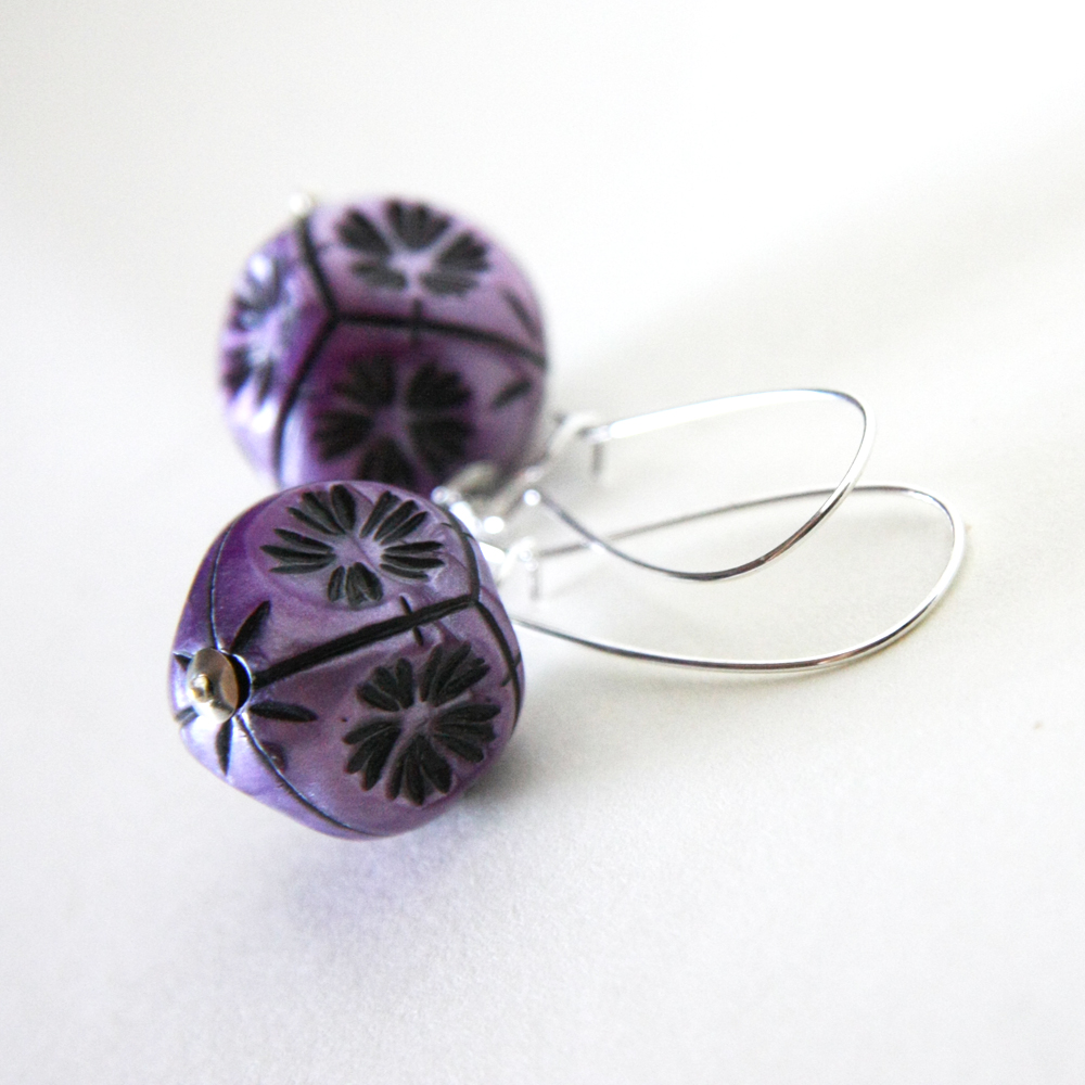 Violet And Black Earrings - Modern Geometrical With Flowers