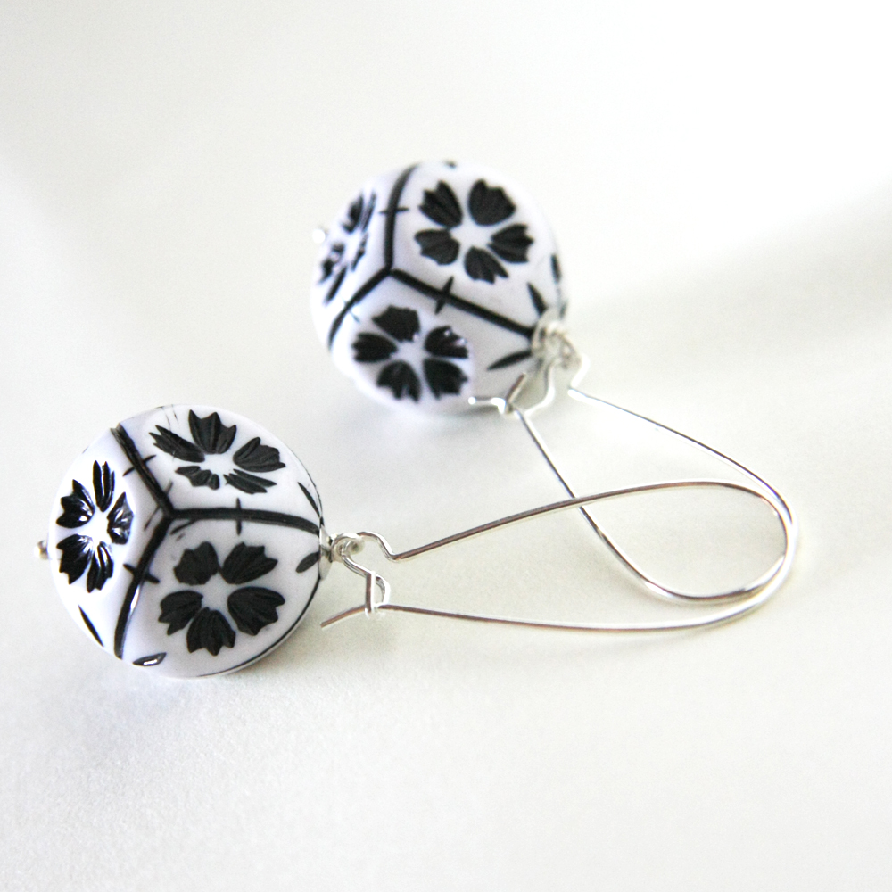 Black And White Earrings - Modern Geometrical With Sakura Flowers