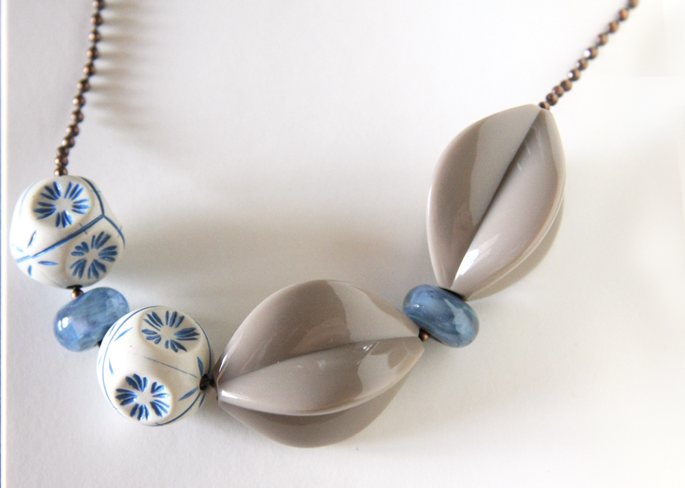 Denim And Cappuccino Necklace - Vintage Beads Geometry - Handmade Glass Beads