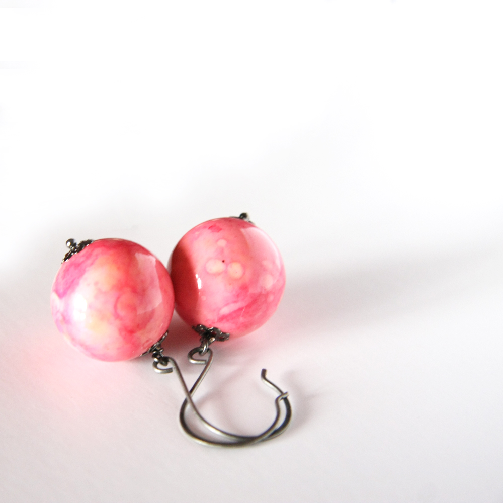 Peach And Pink Earrings- Metal And Lucite Beads