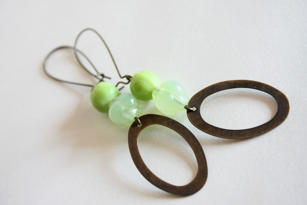 Lime Green Earrings - Lime Green Antique Bronze Hoops - Wasabi - Casual