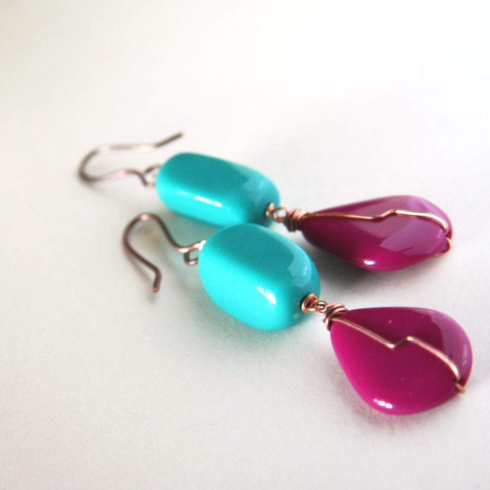 Teal And Plum Earrings In Copper - Colorful 80s Inspiration