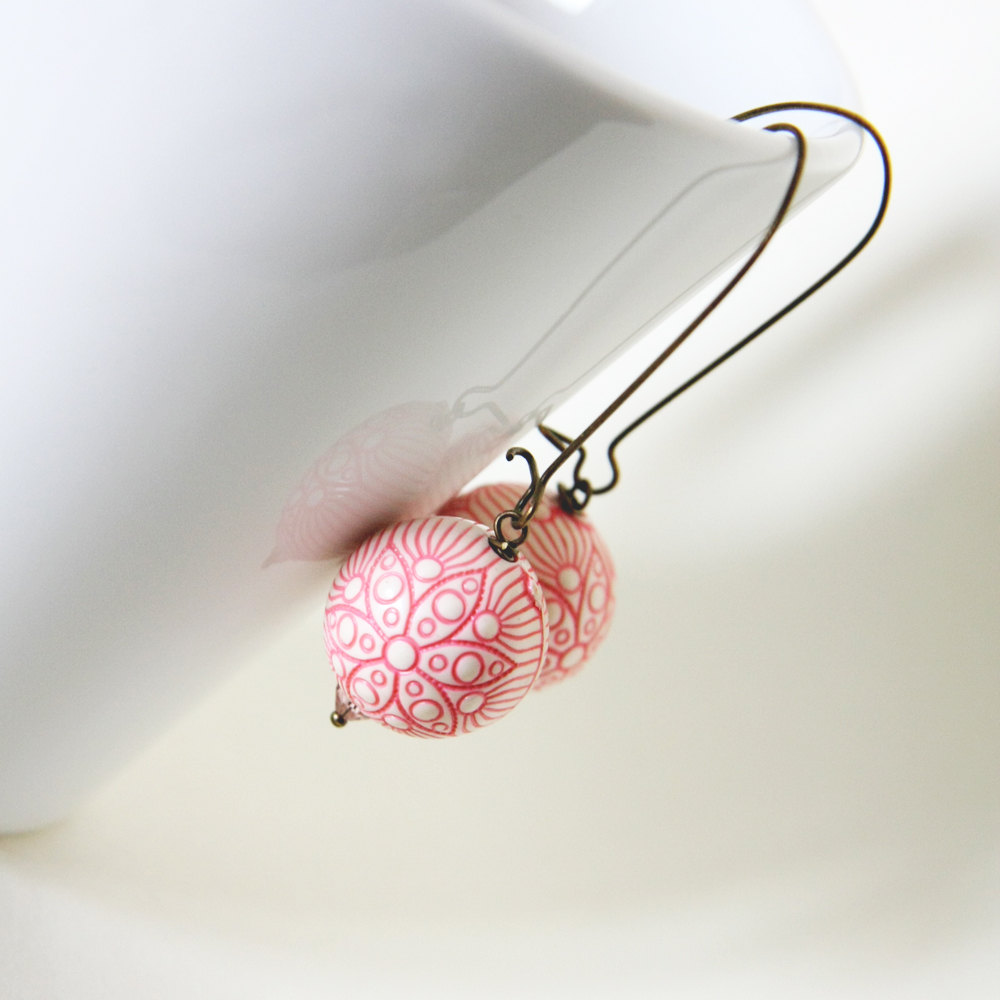 Pink Flowers Earrings - Wedding Bridesmaid - Cream Pink Antique Bronze