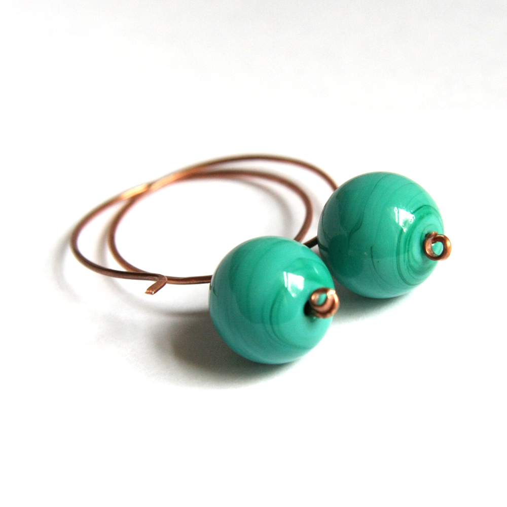 Emerald Glass And Copper Earrings - Modern Elegant