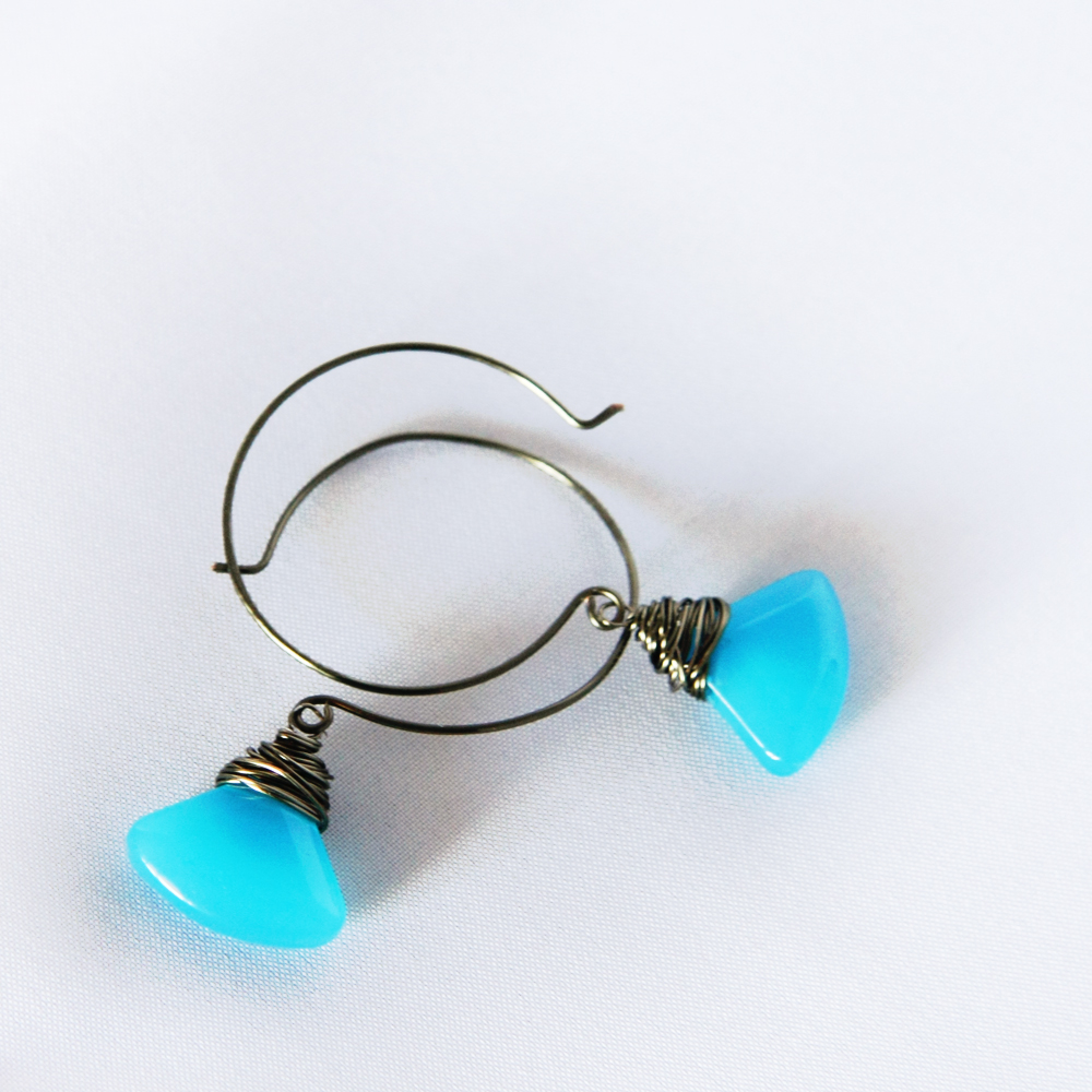 Neon Blue And Black Earrings - Wire Wrapped In Gunmetal - Ethnic And Geometrical
